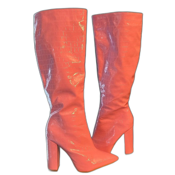 Pink Faux Patent Leather High Heel Boots - Picture 1 of 6